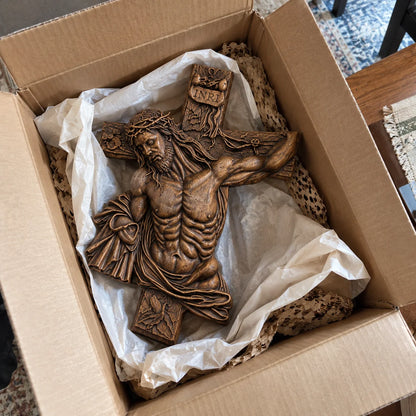 Hand-Carved Beech Wood Crucifix – Jesus Christ Wall Cross