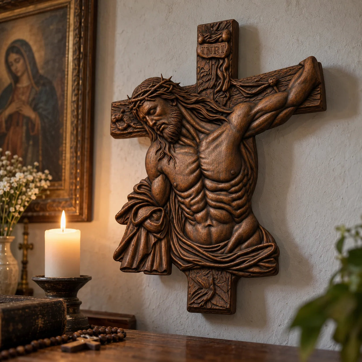 Hand-Carved Beech Wood Crucifix – Jesus Christ Wall Cross