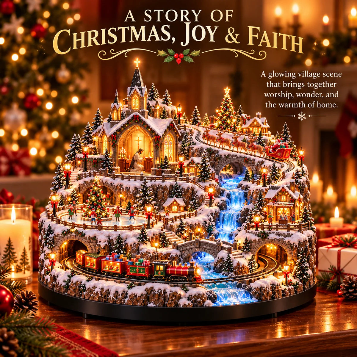✨🔥 LAST DAY 49% OFF 🔥 Lighted Animated Christmas Village with Train, Reindeer Sleigh & Waterfall