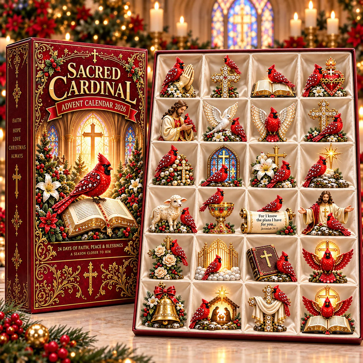 🔥Sacred Cardinal Advent Calendar 2026 – 24 Christian Keepsake Figurines of Faith, Hope & Christmas Blessings.