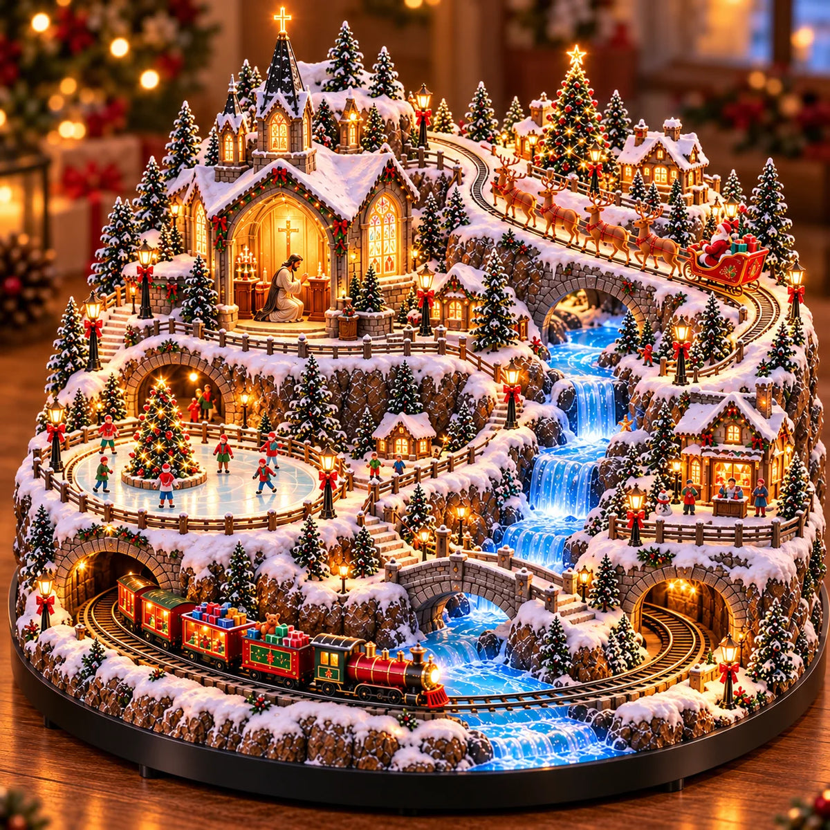 Lighted Animated Christmas Village with Train, Reindeer Sleigh & Waterfall ✨