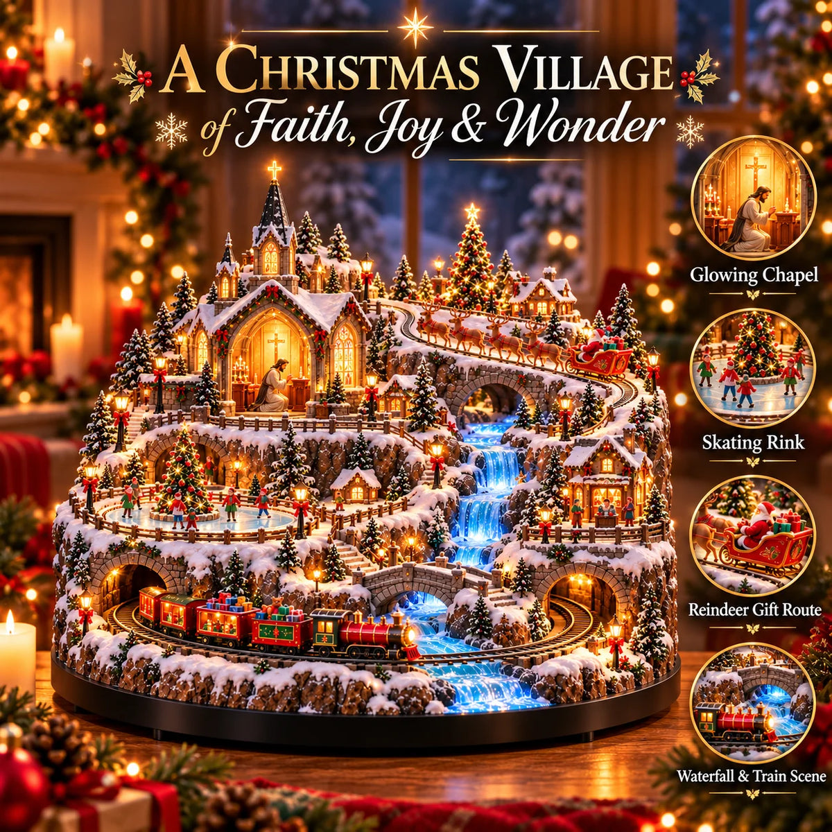🔥 LAST DAY 49% OFF 🔥 Lighted Animated Christmas Village with Train, Reindeer Sleigh & Waterfall ✨