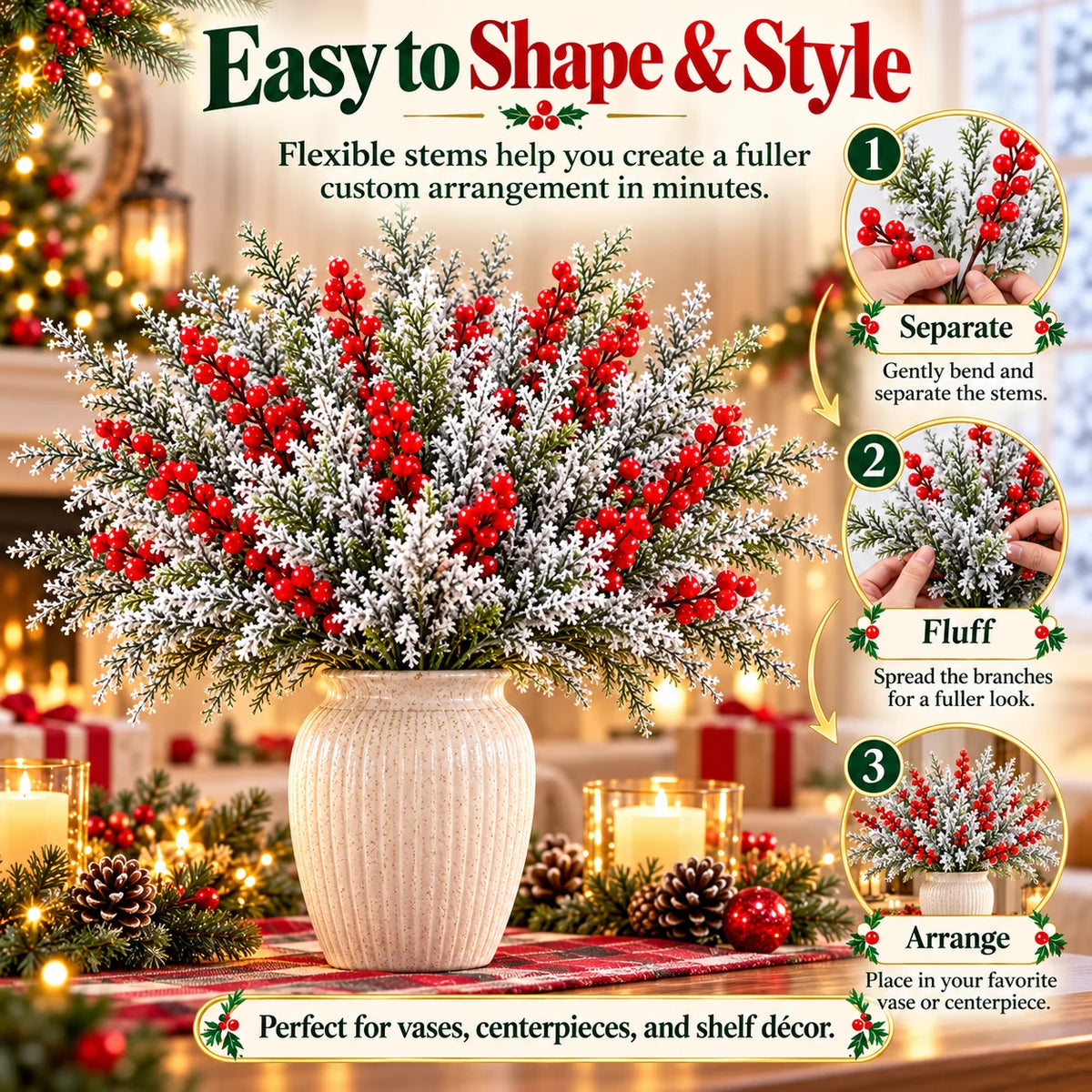 ❄️ Snow-Frosted Christmas Greenery & Red Berry Stems – Elegant Winter Home Decor 🎄