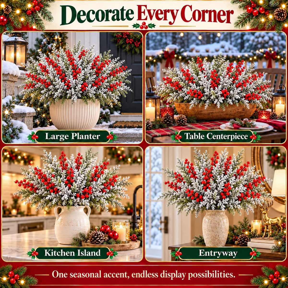❄️ Snow-Frosted Christmas Greenery & Red Berry Stems – Elegant Winter Home Decor 🎄