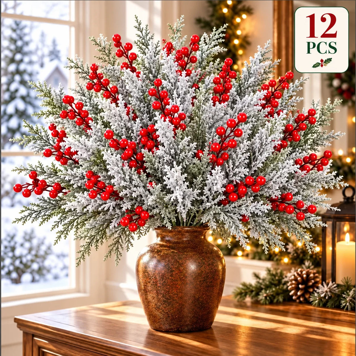 ❄️ Snow-Frosted Christmas Greenery & Red Berry Stems – Elegant Winter Home Decor 🎄