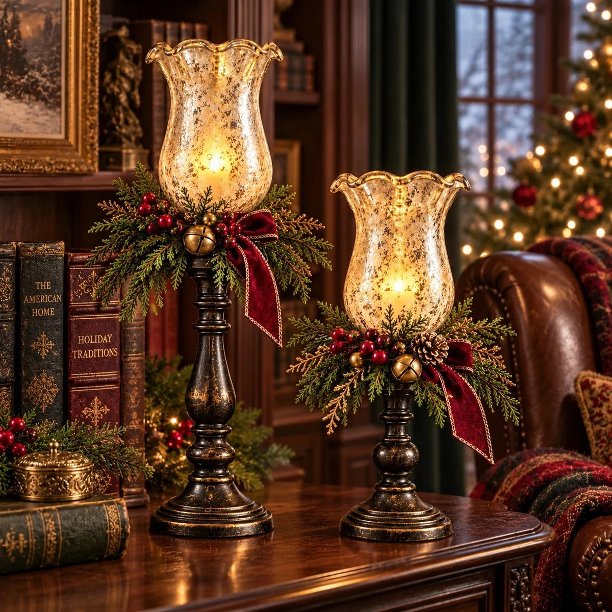 🎄🕯️🍒Vintage Mercury Glass Christmas Candle Lamp🌙