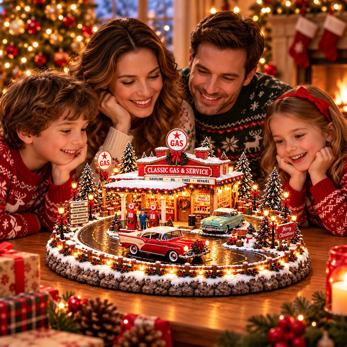 ✨🔥Last Day 49% OFF🔥🚗🎄 Christmas Classic Gas Station Village™ – Lighted Vintage American Gas Station with Classic Cars