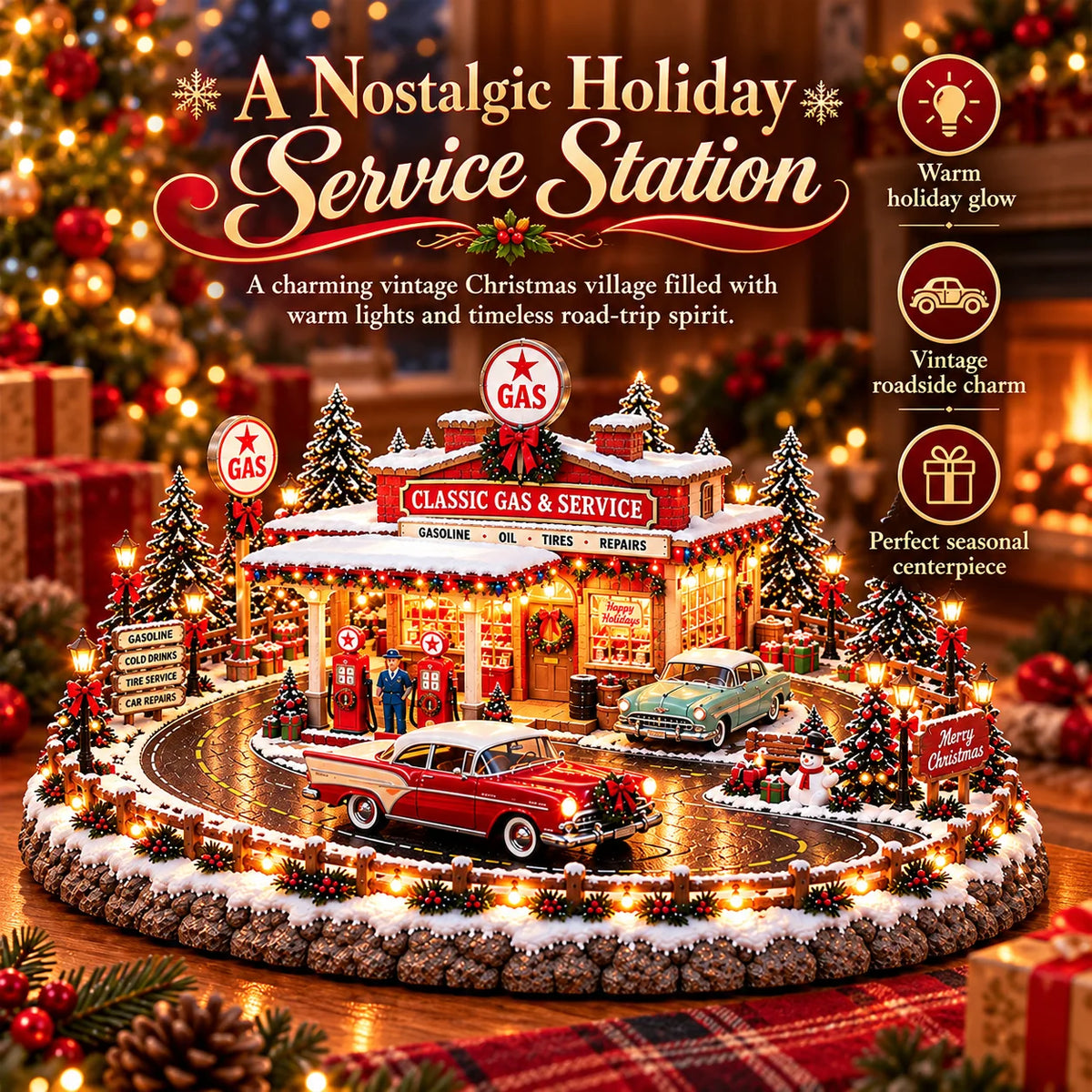 ✨🔥Last Day 49% OFF🔥🚗🎄 Christmas Classic Gas Station Village™ – Lighted Vintage American Gas Station with Classic Cars