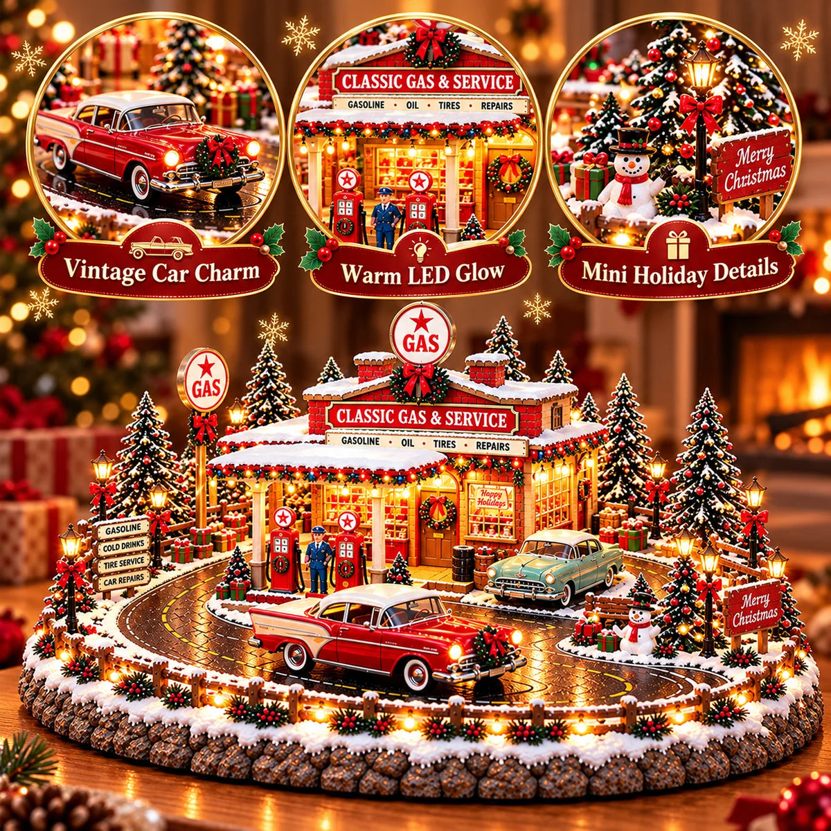 🔥Last Day 49% OFF🔥🚗🎄 Christmas Classic Gas Station Village™ – Lighted Vintage American Gas Station with Classic Cars