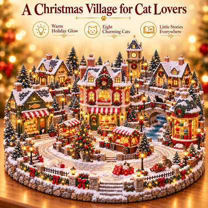 Christmas Cat Village 🐱🎄 – Lighted Cat Lover’s Holiday Scene 🌟🌟