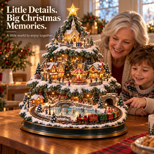 🎄 Lighted Christmas Village Tree with Train & Carousel🎄