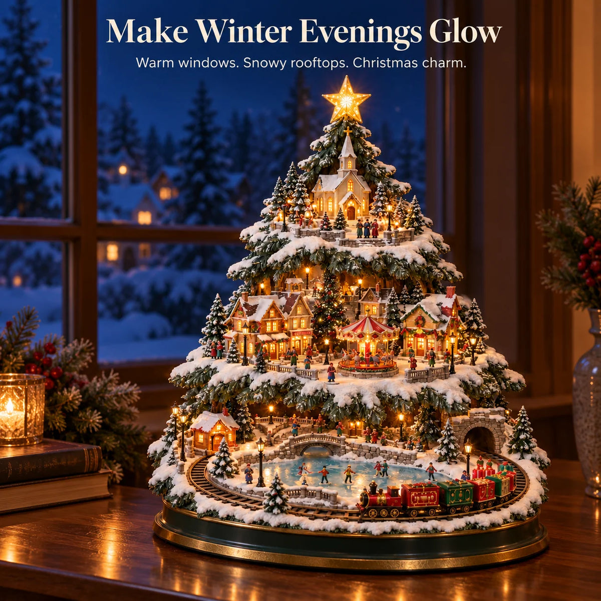 🎄 Lighted Christmas Village Tree with Train & Carousel🎄