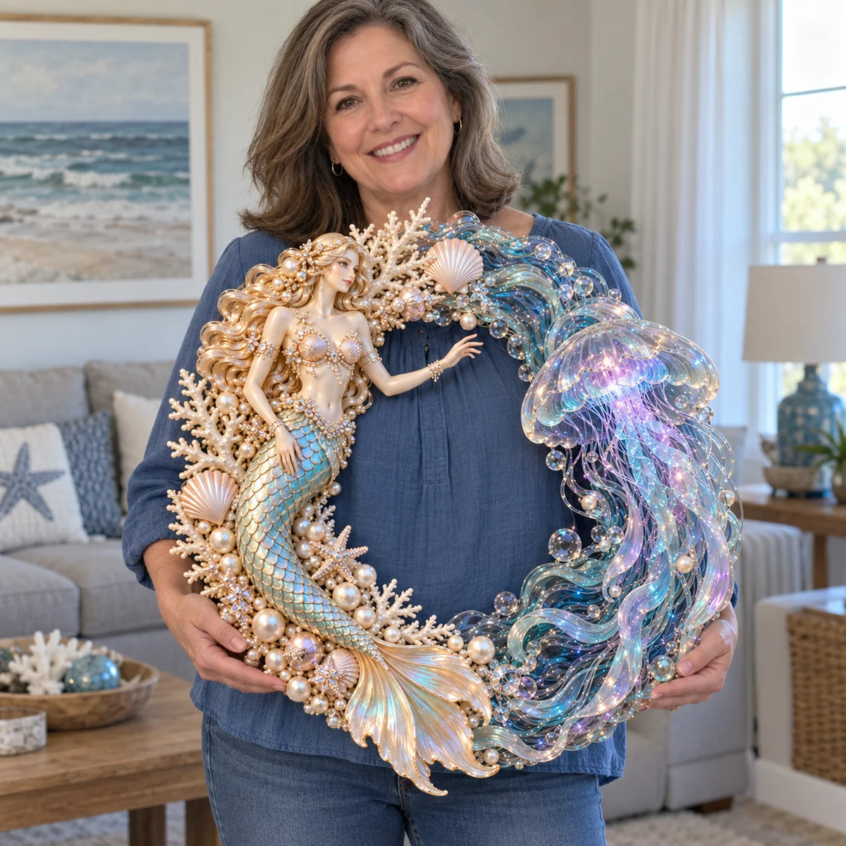 🌊 Ocean Enchantment – Lighted Mermaid & Jellyfish Wreath