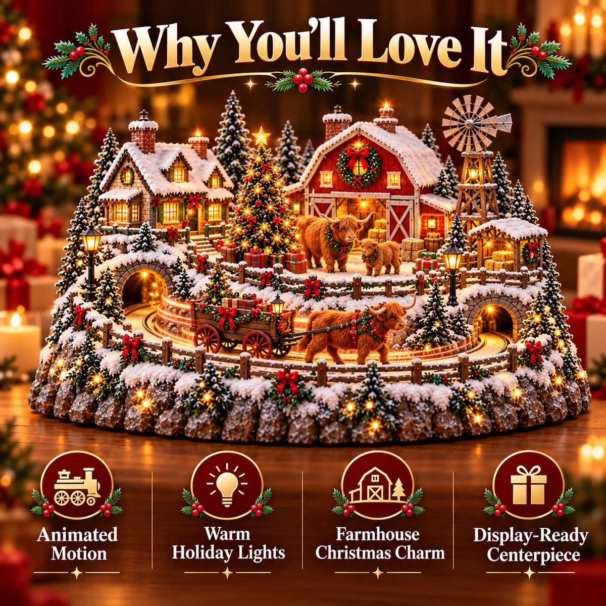 🐮 Highland Cow Christmas Farm Village – Lighted Farmhouse Holiday Scene