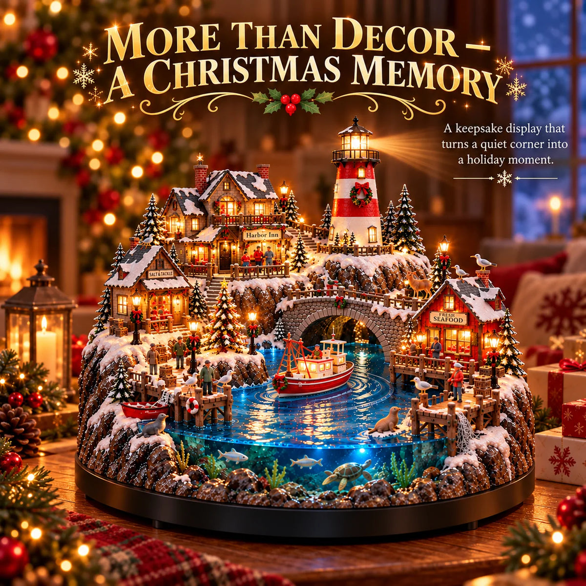 ✨ LAST DAY 50% OFF ✨ Harborlight Christmas™ — Lighted Coastal Village with Lighthouse, Fishing Boat & Underwater Scene ✨