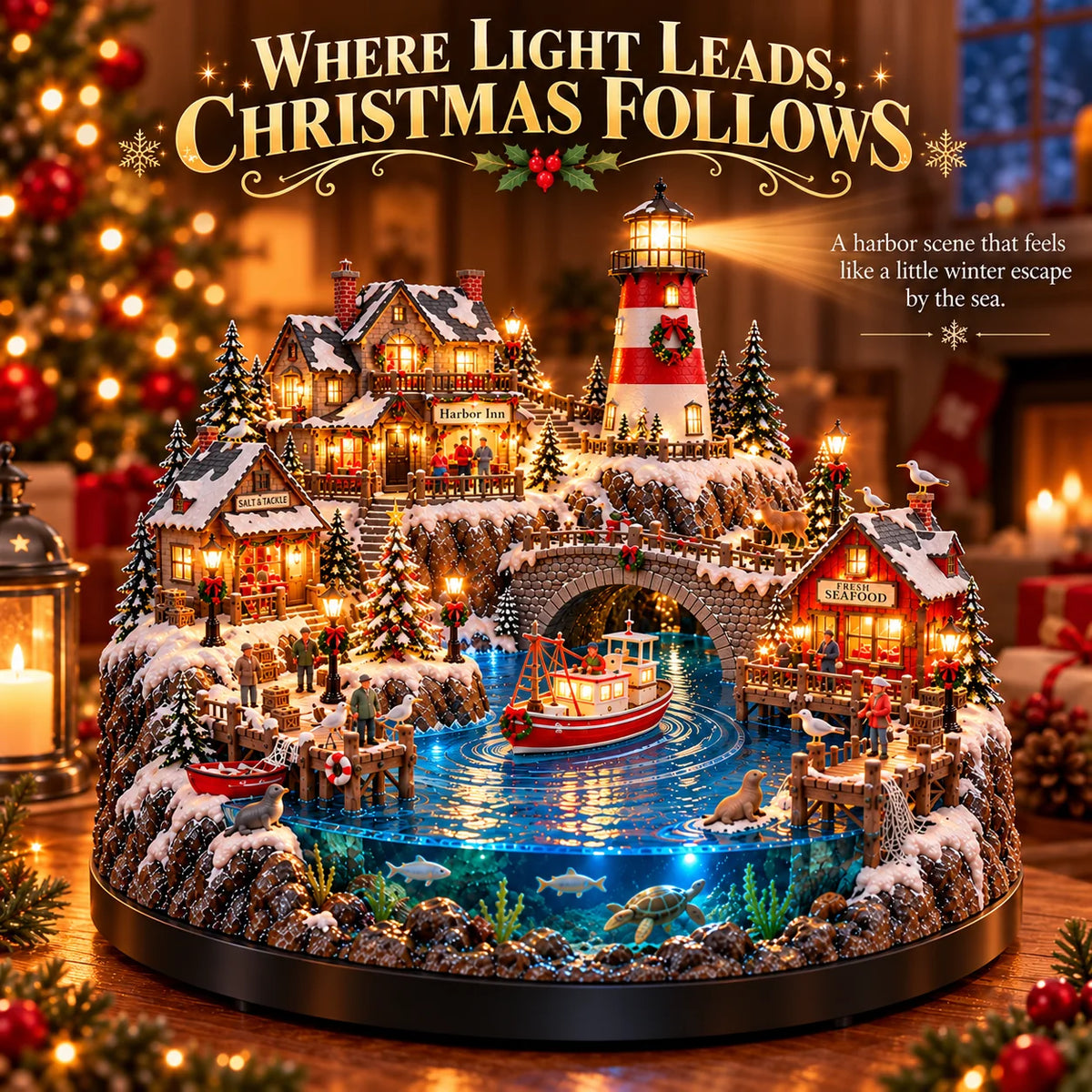 ✨ LAST DAY 50% OFF ✨ Harborlight Christmas™ — Lighted Coastal Village with Lighthouse, Fishing Boat & Underwater Scene ✨