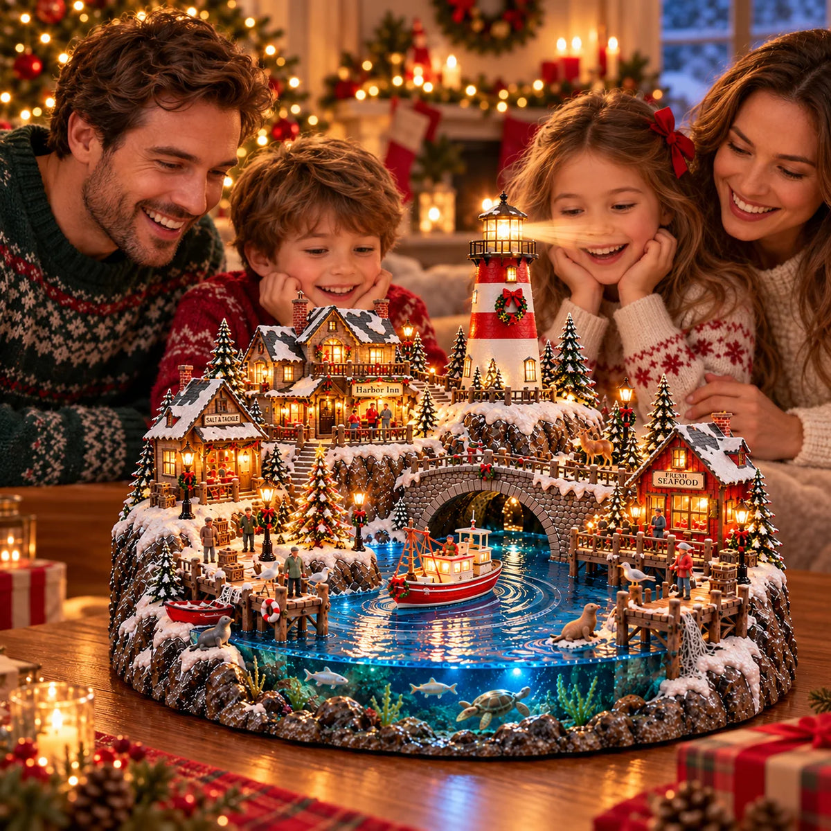 ✨ LAST DAY 50% OFF ✨ Harborlight Christmas™ — Lighted Coastal Village with Lighthouse, Fishing Boat & Underwater Scene ✨