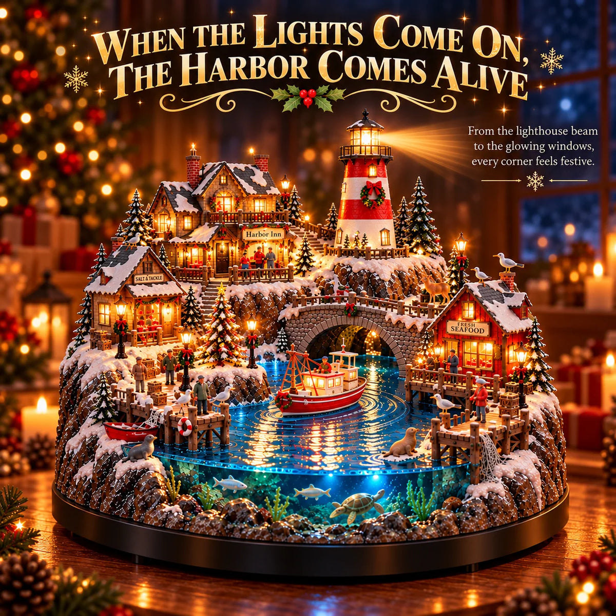 ✨ LAST DAY 50% OFF ✨ Harborlight Christmas™ — Lighted Coastal Village with Lighthouse, Fishing Boat & Underwater Scene ✨