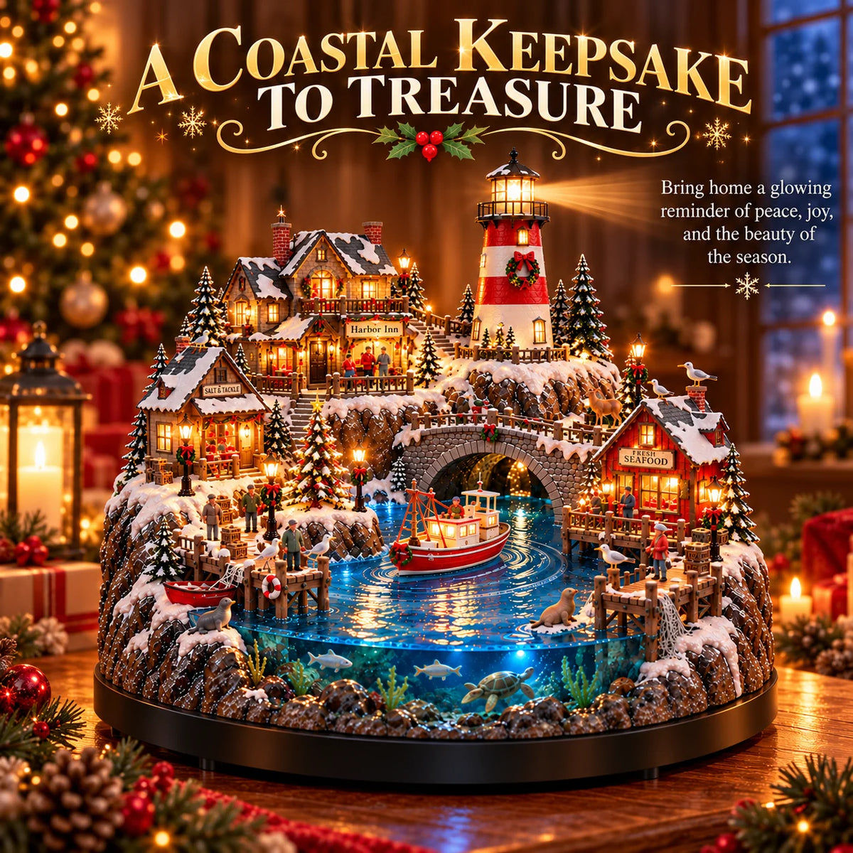 ✨ LAST DAY 50% OFF ✨ Harborlight Christmas™ — Lighted Coastal Village with Lighthouse, Fishing Boat & Underwater Scene ✨