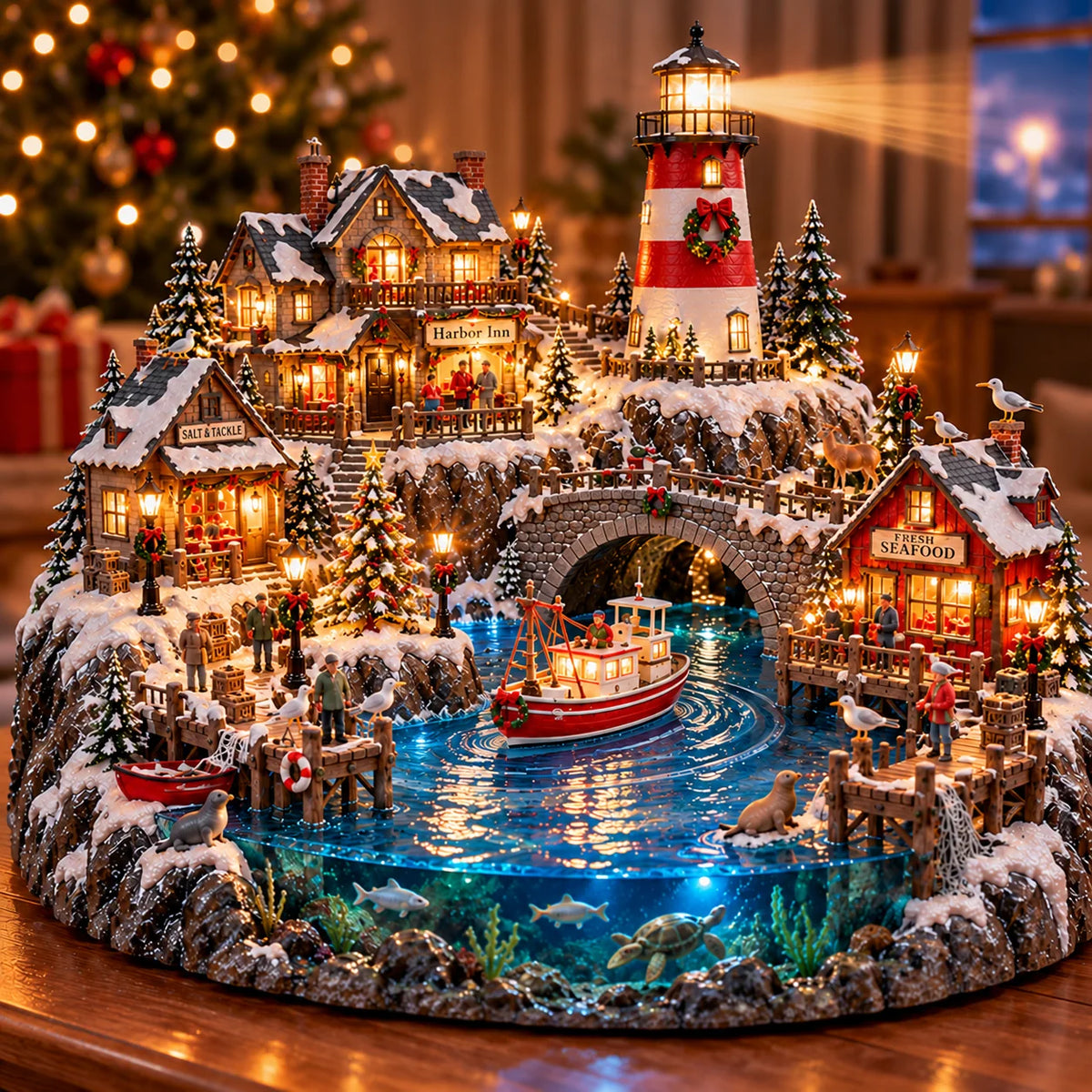 ✨ LAST DAY 50% OFF ✨ Harborlight Christmas™ — Lighted Coastal Village with Lighthouse, Fishing Boat & Underwater Scene ✨