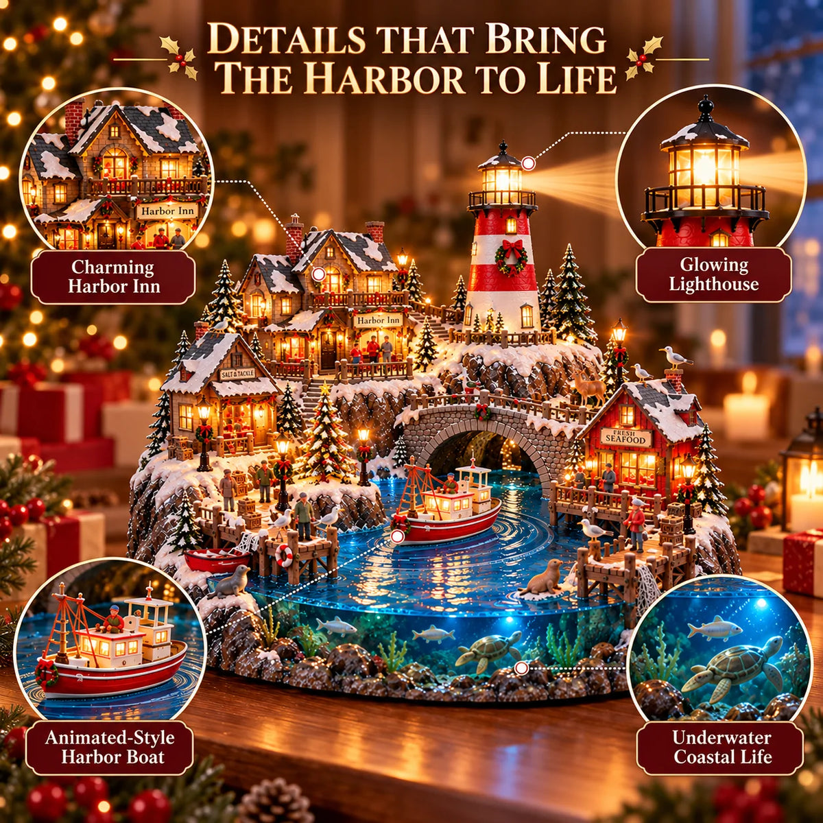 ✨ LAST DAY 50% OFF ✨ Harborlight Christmas™ — Lighted Coastal Village with Lighthouse, Fishing Boat & Underwater Scene ✨