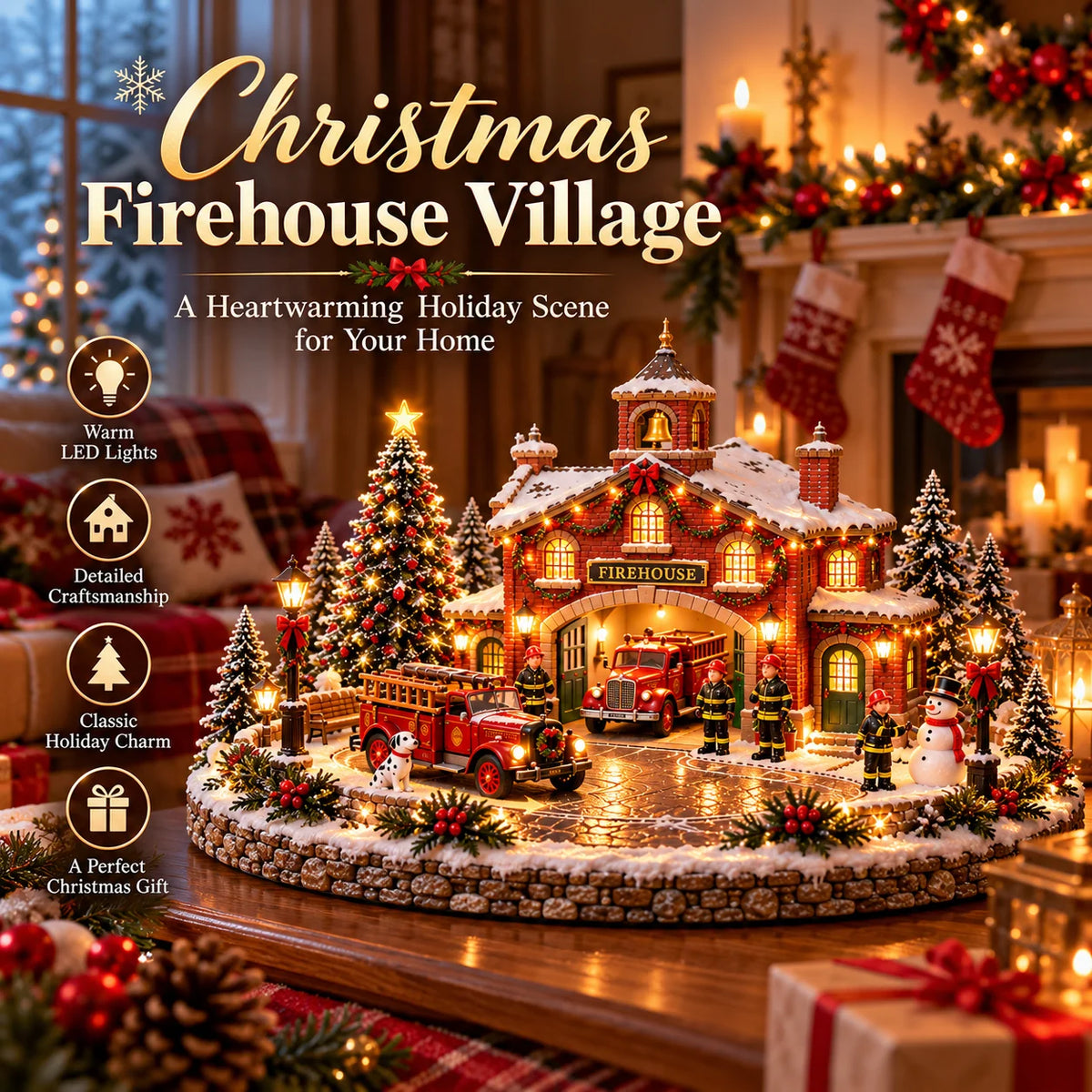 🎄 Christmas Firehouse Village™ – Warm Led Lights, Vintage Fire Trucks & Cozy Holiday Display