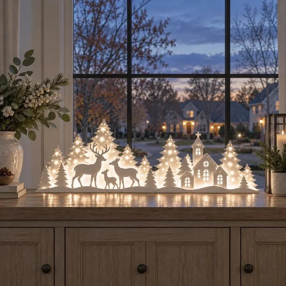 🦌 LED Christmas Deer & Village Window Decor | 2-Piece Lighted Scene