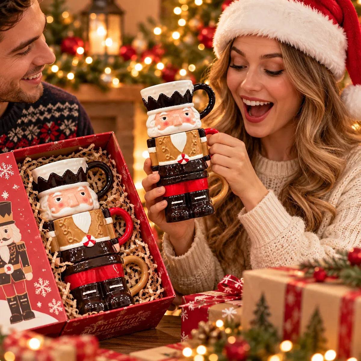 🎄 3-Piece Stackable Nutcracker Christmas Mug Set – Festive Ceramic Coffee Cups & Holiday Gift 🎁