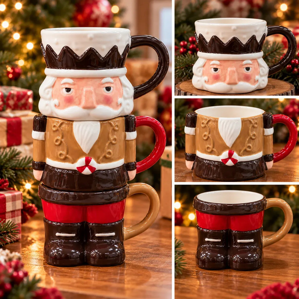 🎄 3-Piece Stackable Nutcracker Christmas Mug Set – Festive Ceramic Coffee Cups & Holiday Gift 🎁