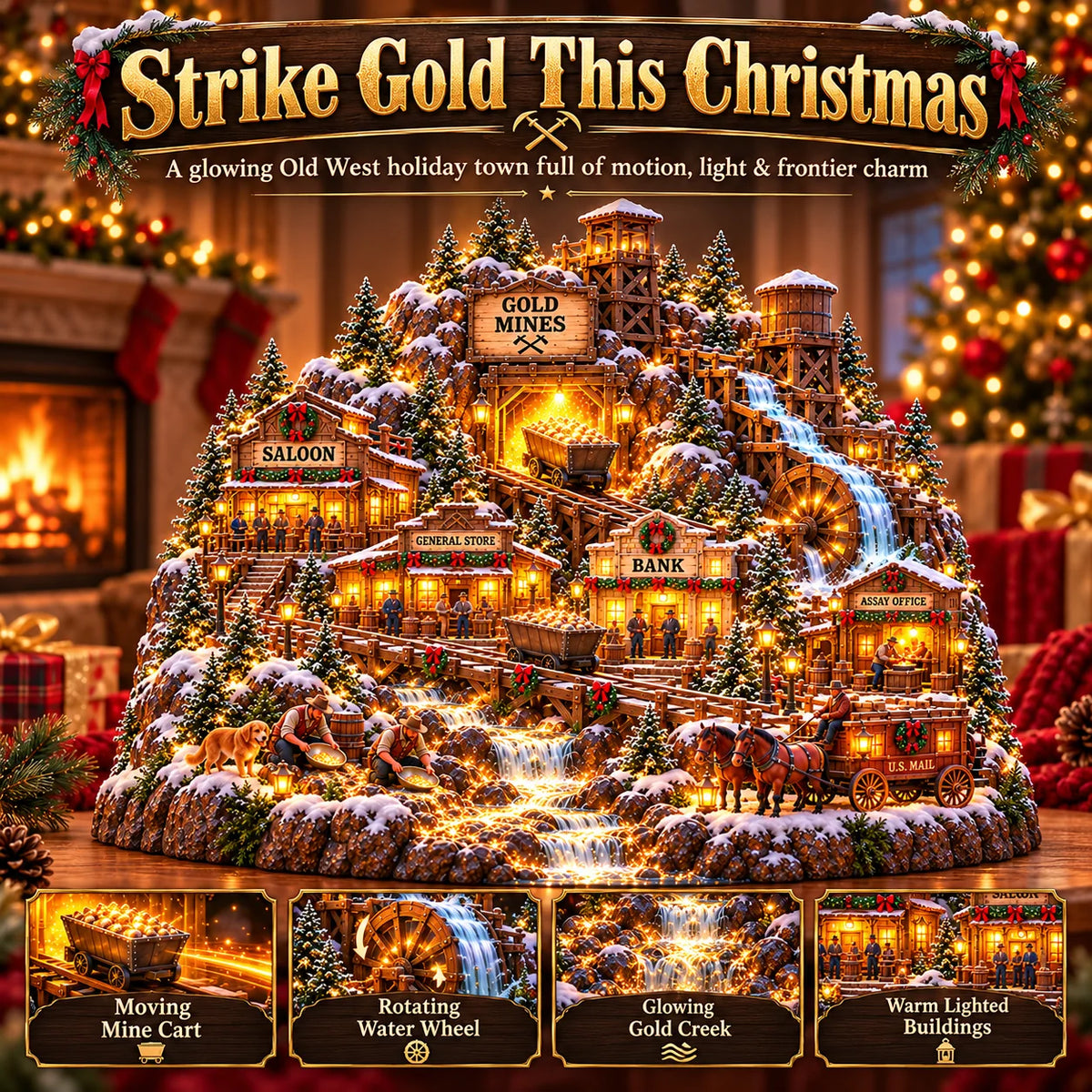 ⛏️✨ Gold Rush Christmas Mining Town™ – Lighted Old West Village with Moving Mine Cart & Gold Creek