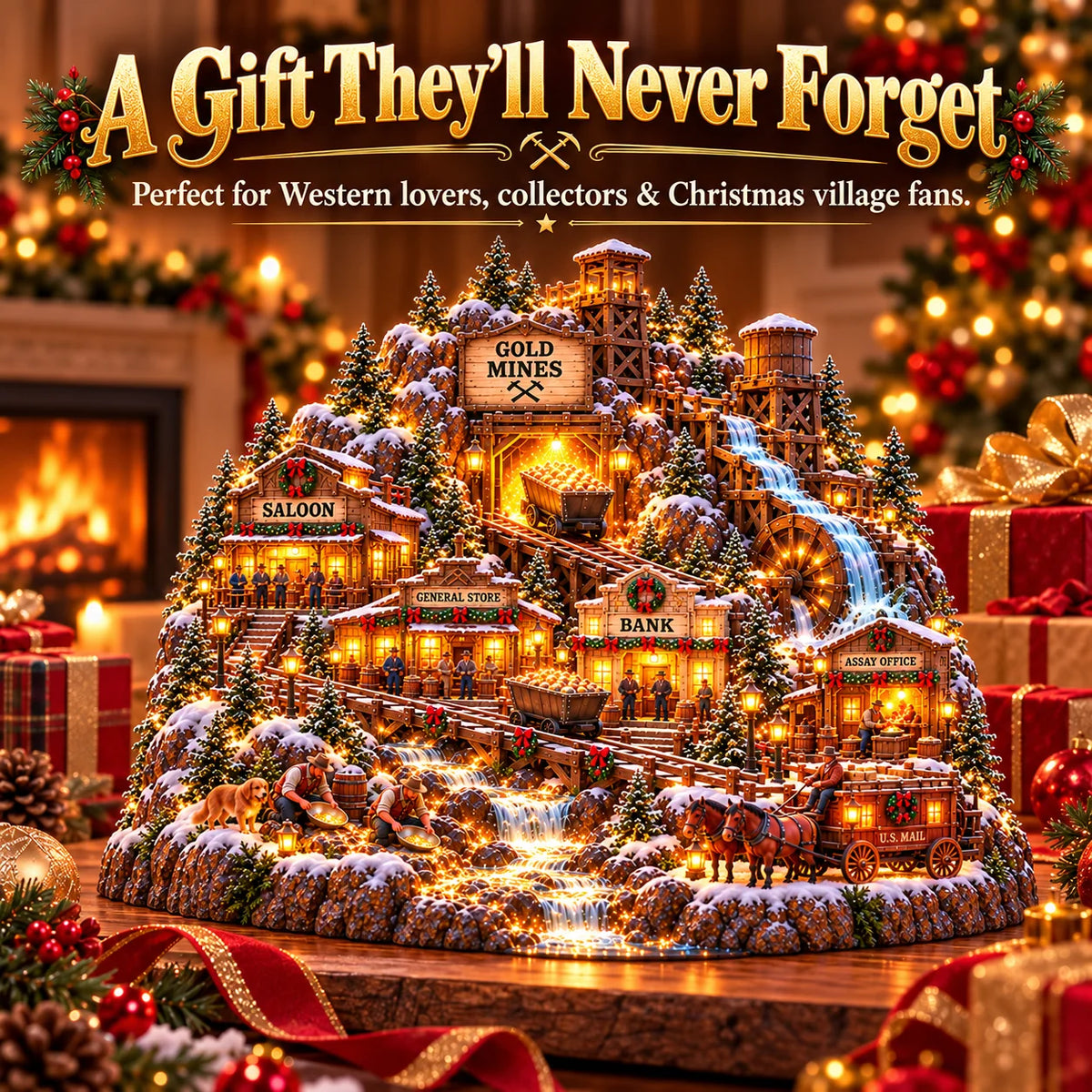 ⛏️✨ Gold Rush Christmas Mining Town™ – Lighted Old West Village with Moving Mine Cart & Gold Creek