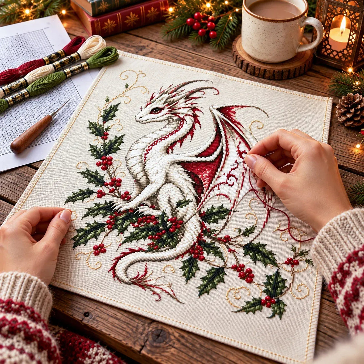🐉 Christmas Dragon Cross Stitch Diy Kit - Magical Holly Dragon Embroidery Project For Crafters ✨
