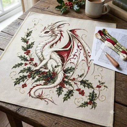 🐉 Christmas Dragon Cross Stitch Diy Kit - Magical Holly Dragon Embroidery Project For Crafters ✨