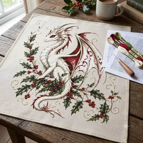 🐉 Christmas Dragon Cross Stitch Diy Kit - Magical Holly Dragon Embroidery Project For Crafters ✨