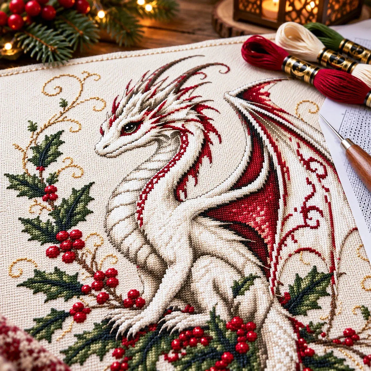🐉 Christmas Dragon Cross Stitch Diy Kit - Magical Holly Dragon Embroidery Project For Crafters ✨