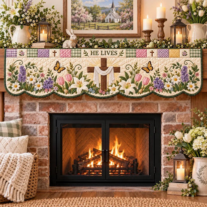 ⏳ Last Day 50% OFF – ✝️ Easter Faith Quilted Mantel Scarf | Patchwork Christian Fireplace Décor for Spring & Easter 🌷