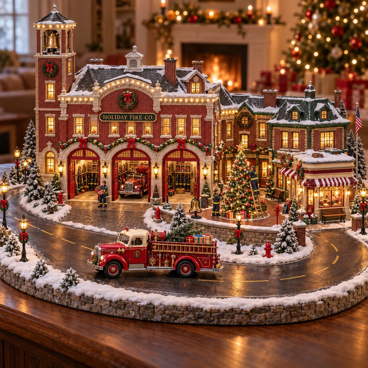 🚒🎄 Christmas Fire Rescue Village – Lighted Holiday Scene Featuring Festive Firefighters