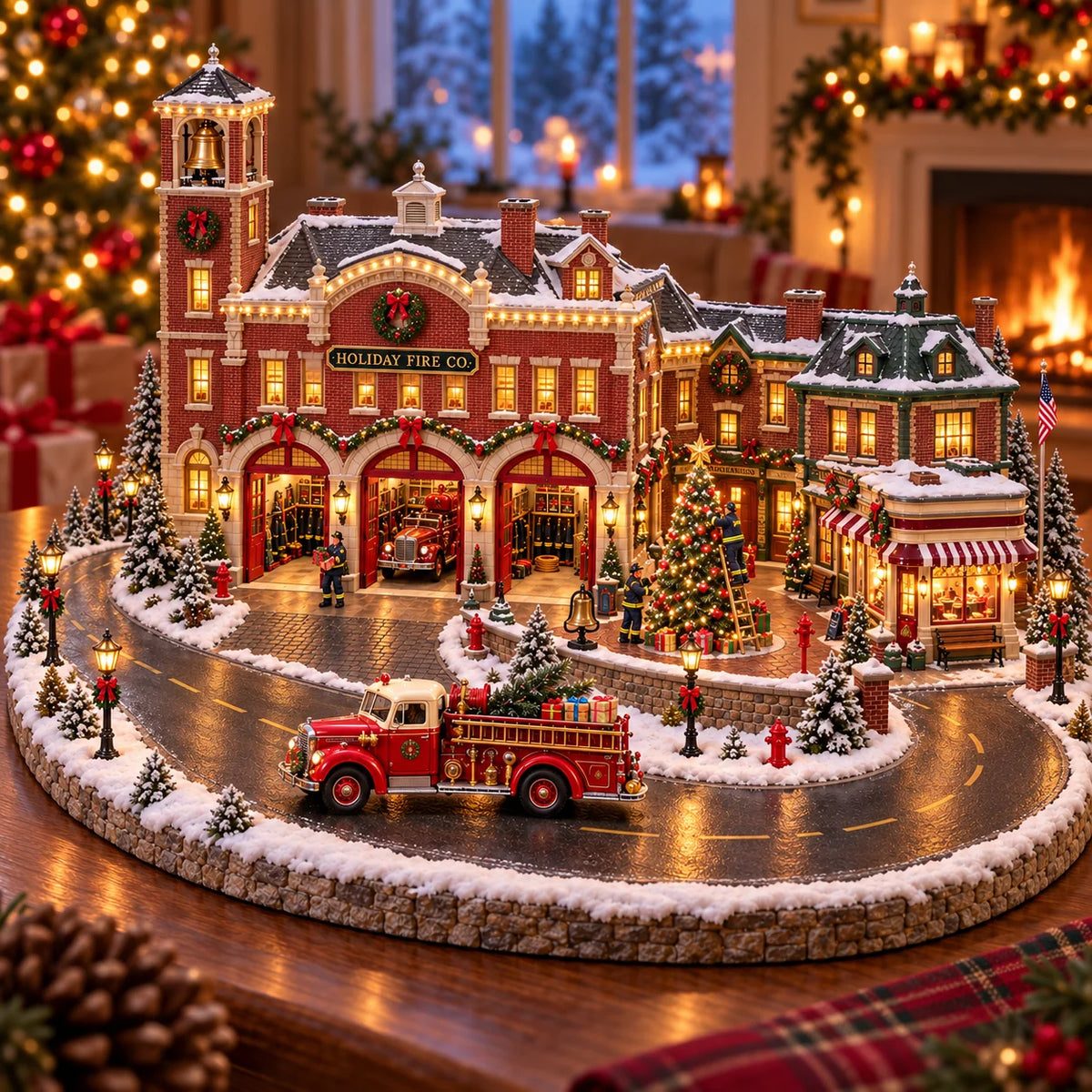 🚒🎄 Christmas Fire Rescue Village – Lighted Holiday Scene Featuring Festive Firefighters