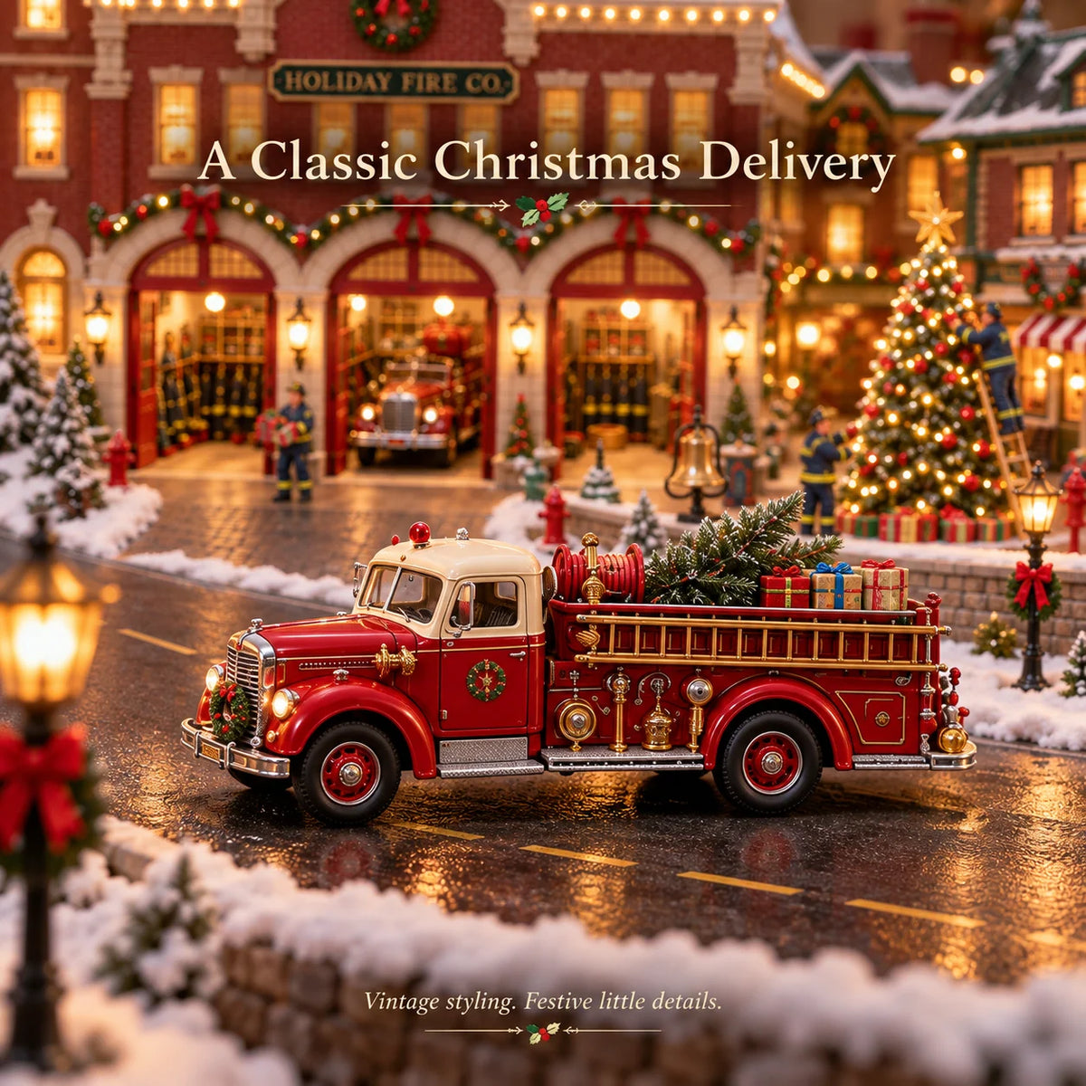 🚒🎄 Christmas Fire Rescue Village – Lighted Holiday Scene Featuring Festive Firefighters