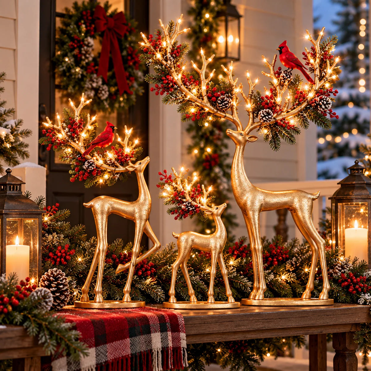 ✨ Cardinal Woodland Reindeer™ – Lighted Golden Christmas Deer Decorations