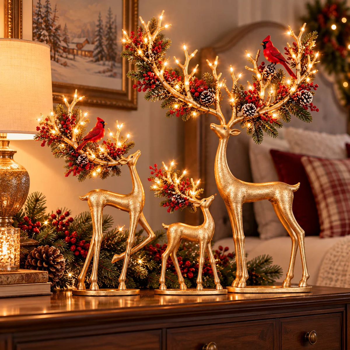 ✨ Cardinal Woodland Reindeer™ – Lighted Golden Christmas Deer Decorations