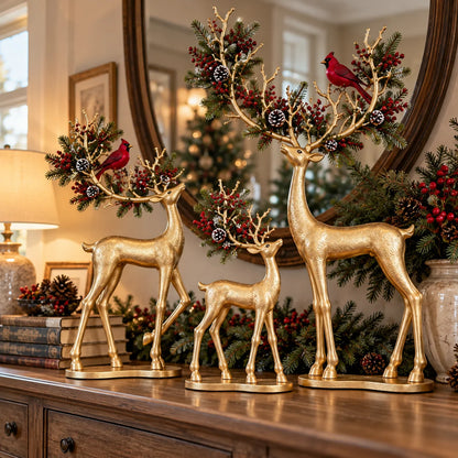 ✨ Cardinal Woodland Reindeer™ – Lighted Golden Christmas Deer Decorations