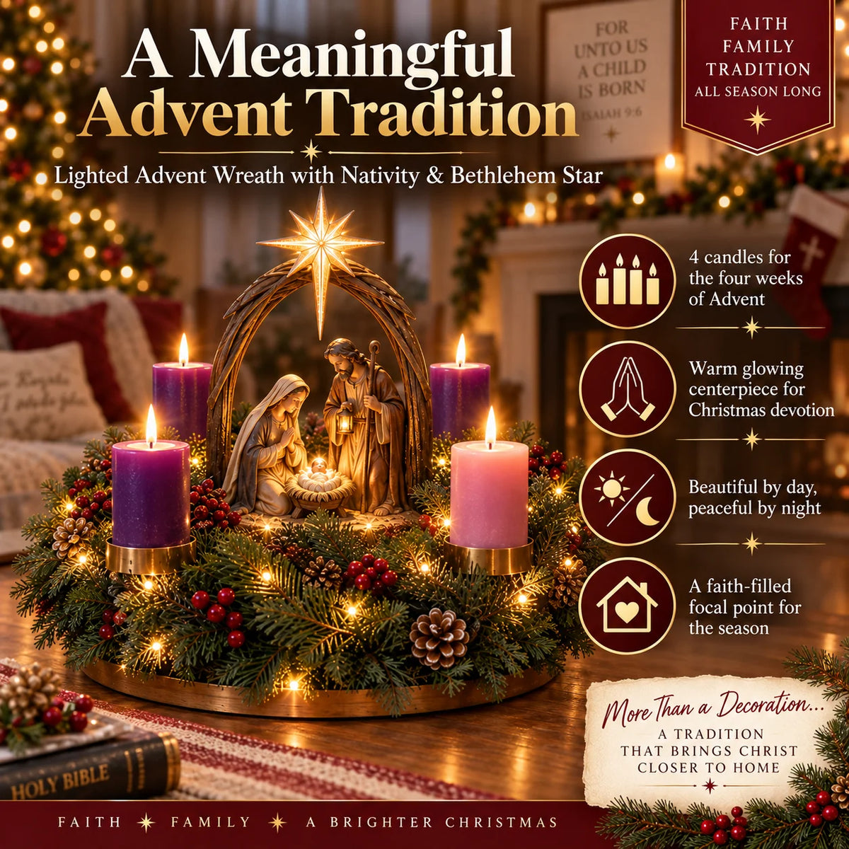 ✝️🌟 Lighted Nativity Advent Wreath – 4-Week Christmas Candlelight Tradition 🌟