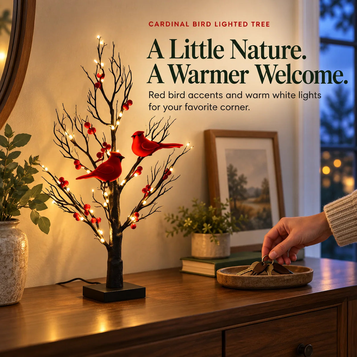 ✨ Cardinal Bird Lighted Tree – Warm White Glow & Charming Red Bird Décor