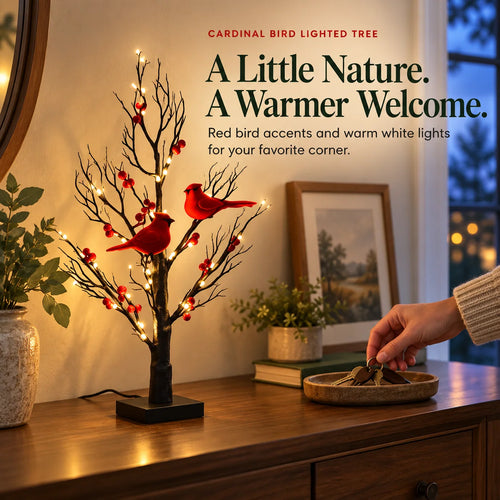 ✨ Cardinal Bird Lighted Tree – Warm White Glow & Charming Red Bird Décor
