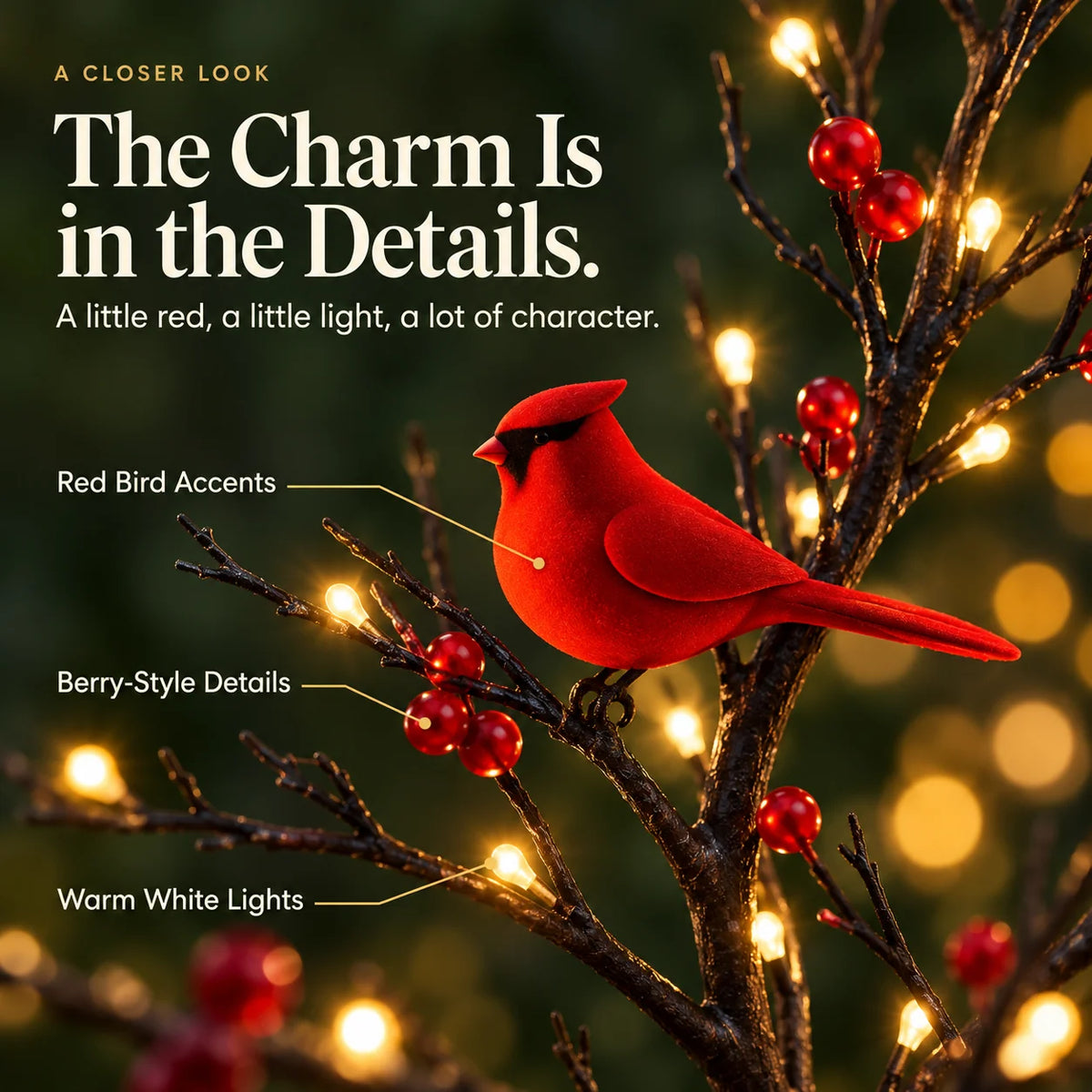 ✨ Cardinal Bird Lighted Tree – Warm White Glow & Charming Red Bird Décor
