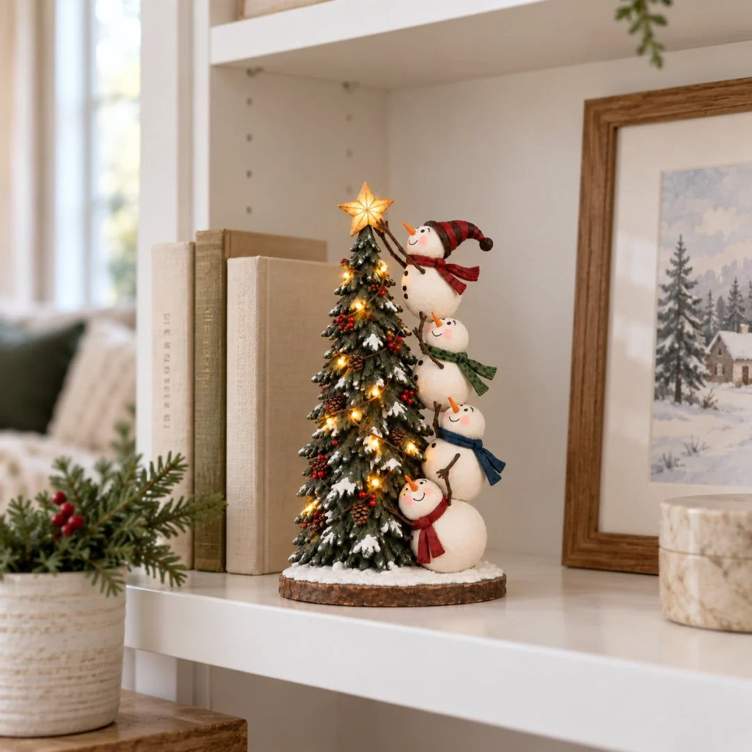 Snowmen Topping the Christmas Tree – Lighted Christmas Figurine