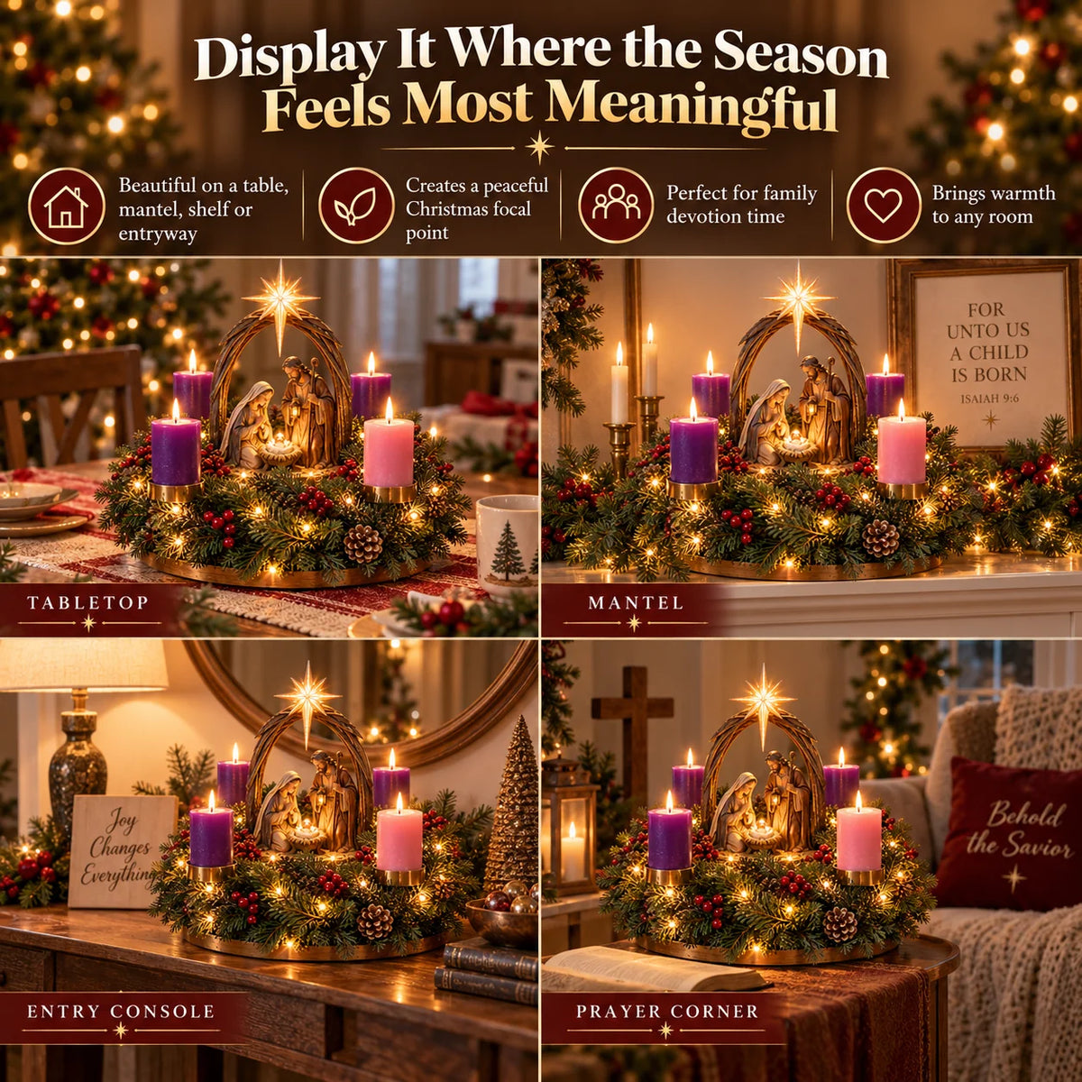 ✝️🌟 Lighted Nativity Advent Wreath – 4-Week Christmas Candlelight Tradition 🌟