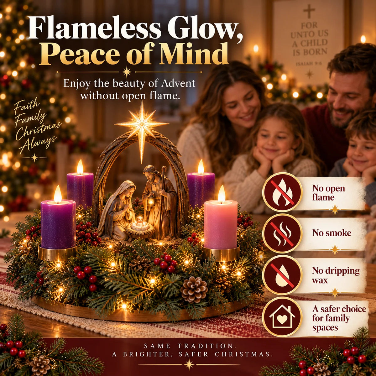 ✝️🌟 Lighted Nativity Advent Wreath – 4-Week Christmas Candlelight Tradition 🌟