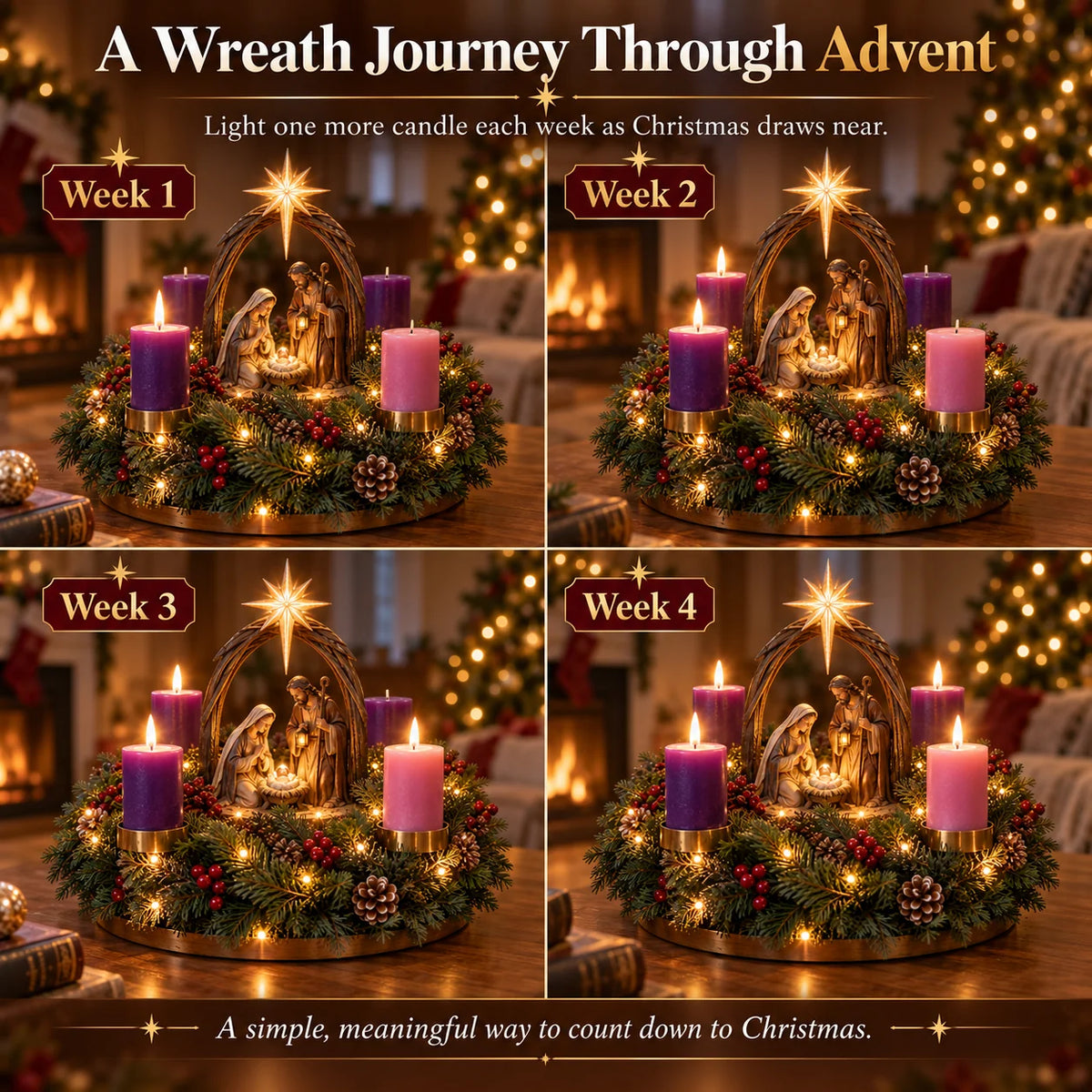 ✝️🌟 Lighted Nativity Advent Wreath – 4-Week Christmas Candlelight Tradition 🌟